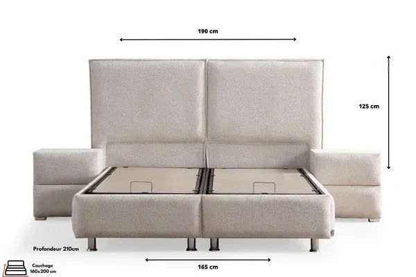 Lit coffre MAYA chenille blanc cassé avec tête de lit