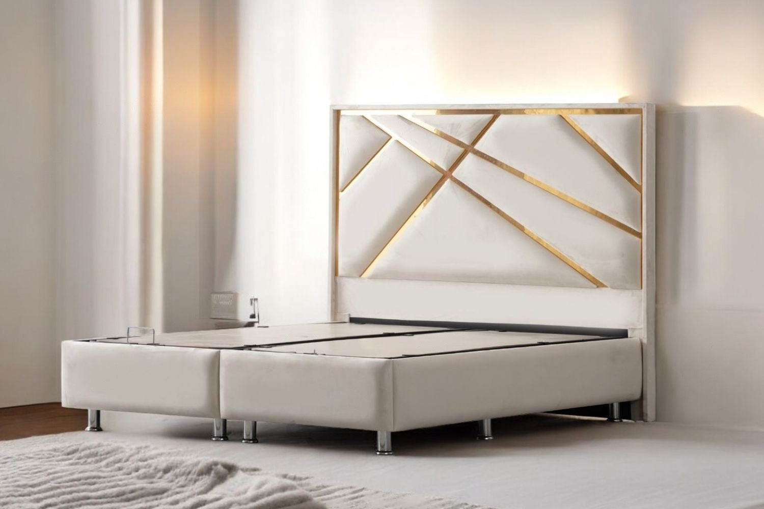 Lit coffre PARMA velours beige clair avec tête de lit