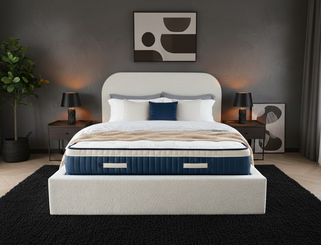 Lit en tissu chenille beige avec sommier tapissier, design moderne et minimaliste, parfait pour chambres adultes et jeunes adultes.