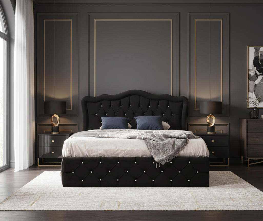 Cadre de Lit Capitonné Velours avec Strass, Tête de Lit Rembourrée, 140x190 – 160x200 - 180x200