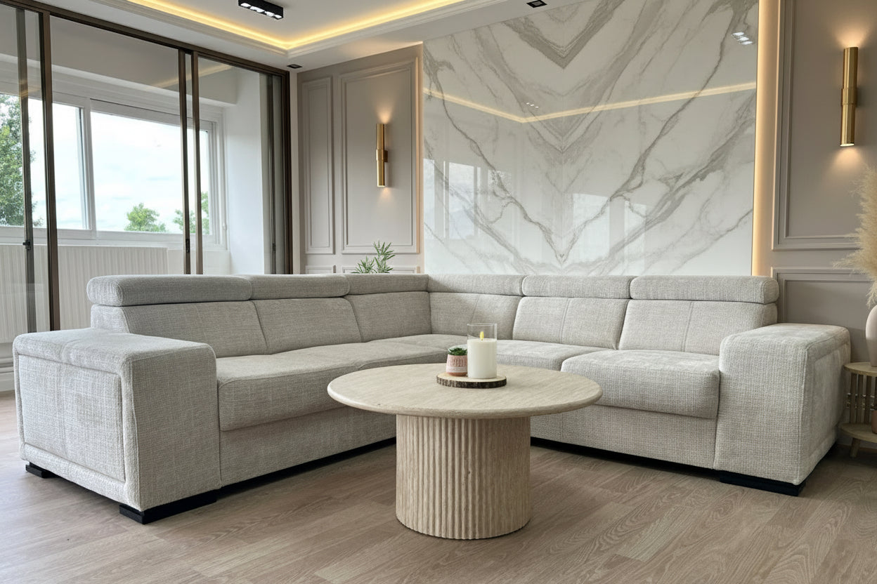 Canapé d’angle symétrique convertible KAROLA – Tissu Marbella Crème
