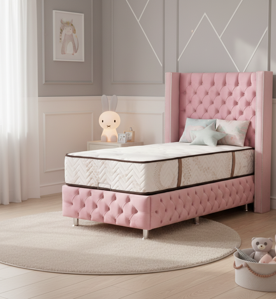 Lit Coffre Enfant – Velours Capitonné, Tête Rembourrée, Coffre Rose