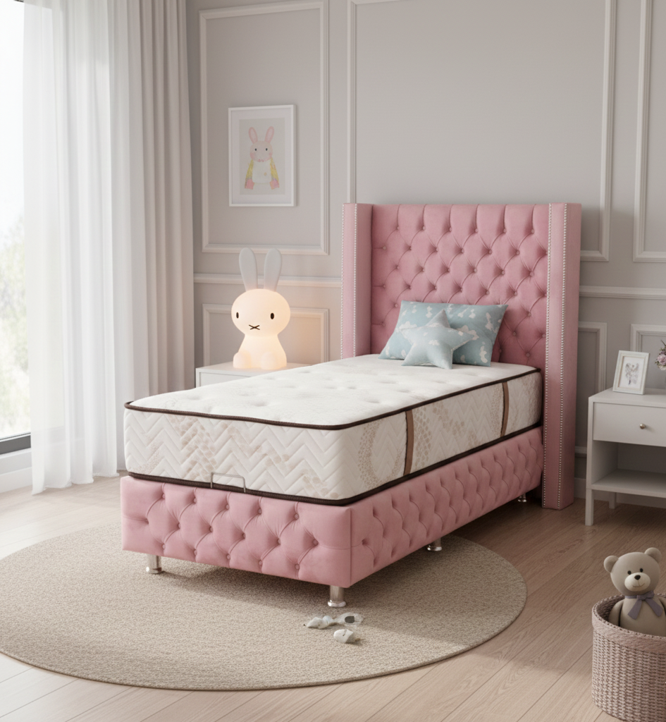 Lit Coffre Enfant – Velours Capitonné, Tête Rembourrée, Coffre Rose/Beige/Gris, 1 Places