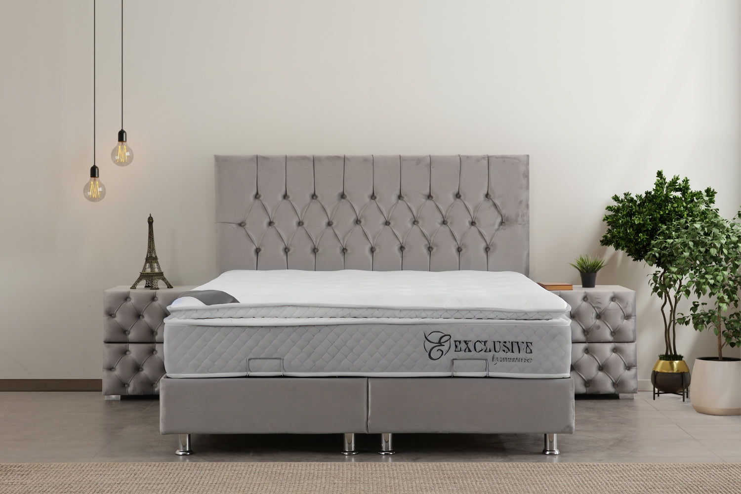 Lit coffre HUGO velours gris avec tête de lit