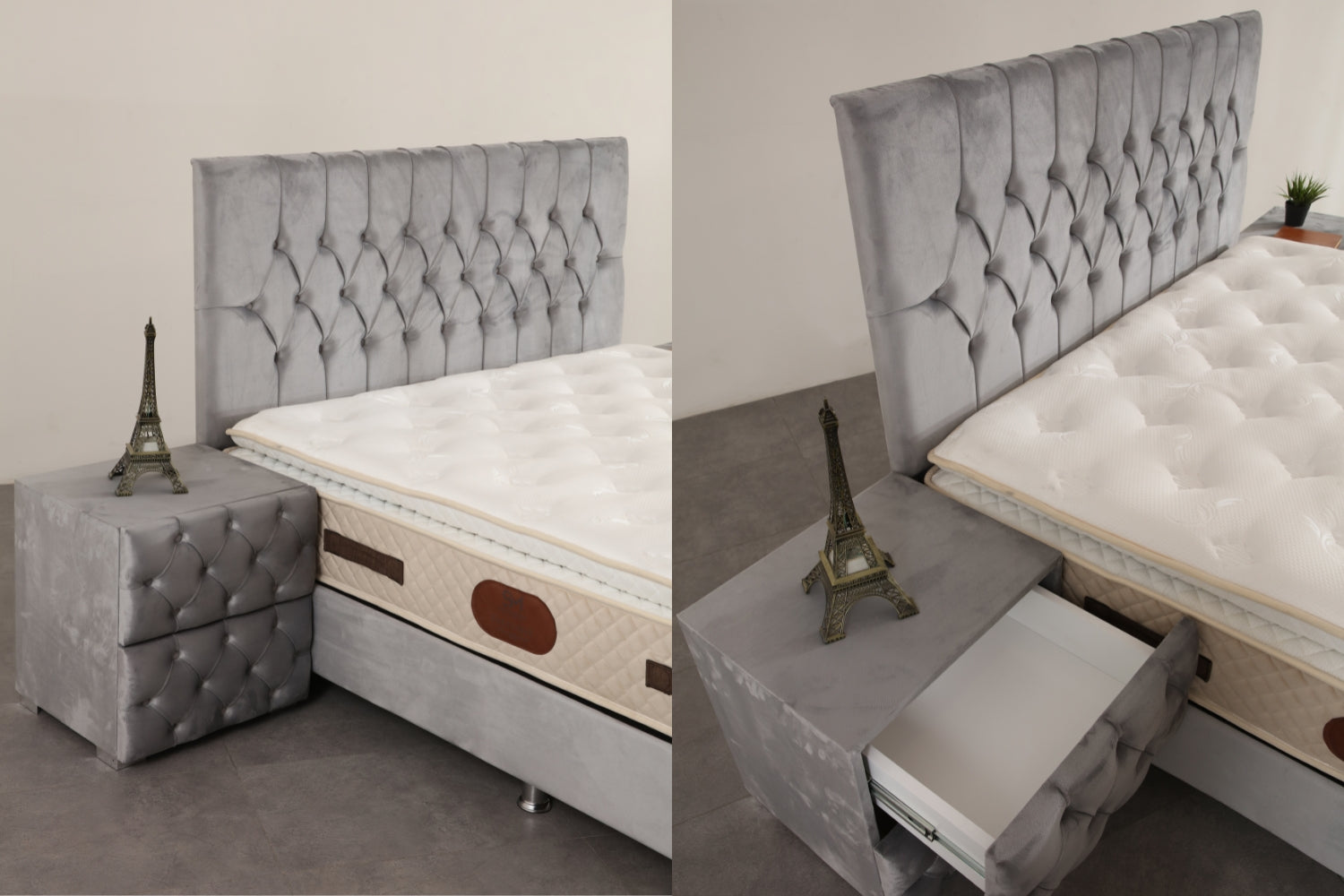 Lit coffre HUGO velours gris avec tête de lit