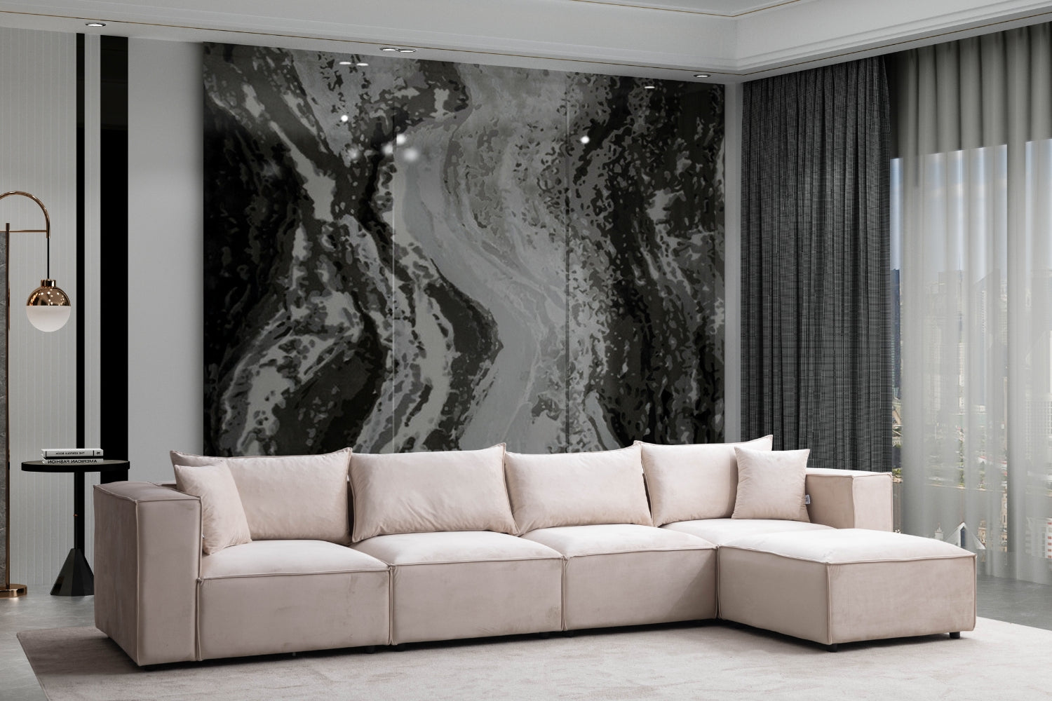Canapé ELEGANCE velours modulable 4+1 avec pouf