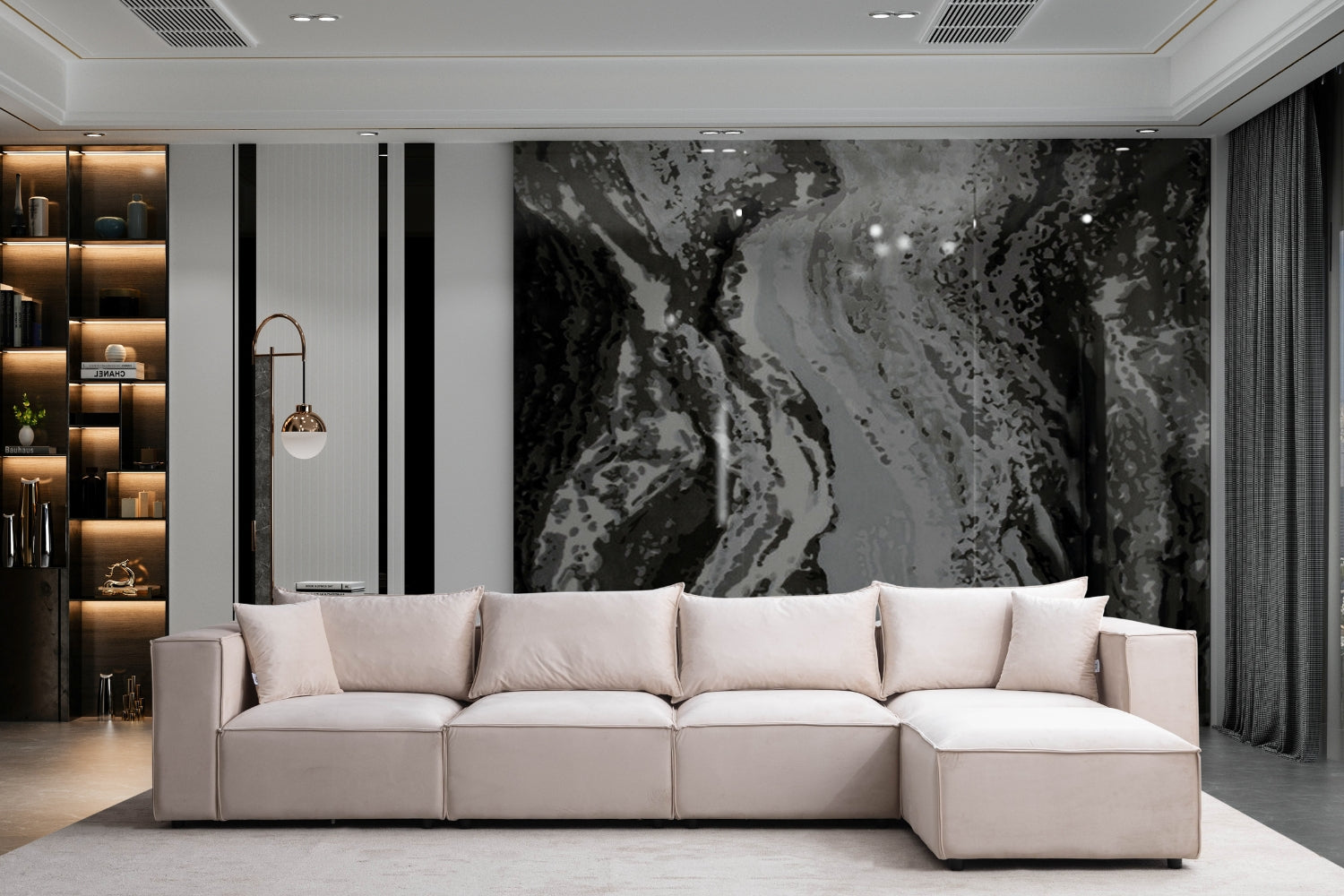 Canapé ELEGANCE velours modulable 4+1 avec pouf