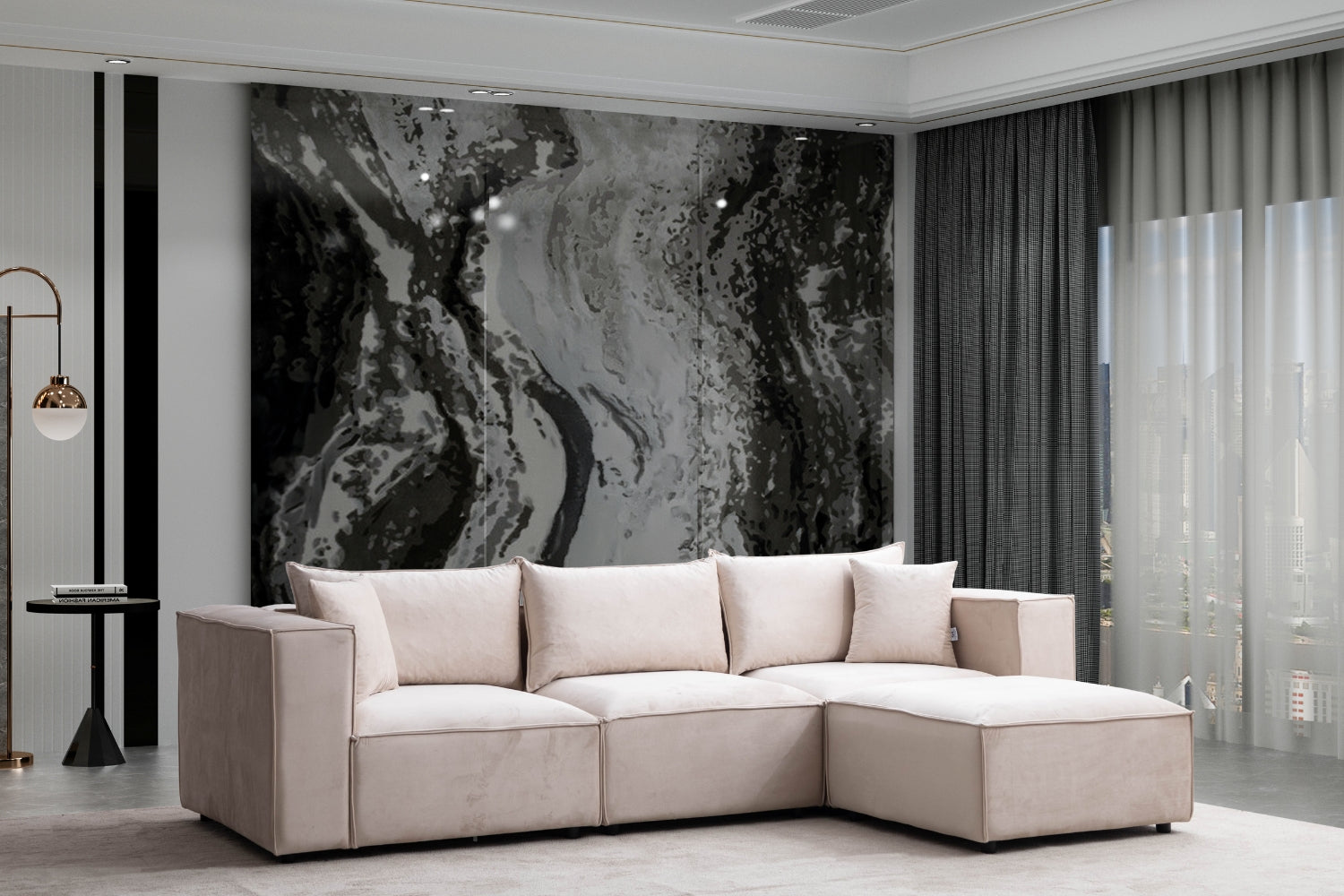 Canapé ELEGANCE velours modulable 3+1 avec pouf