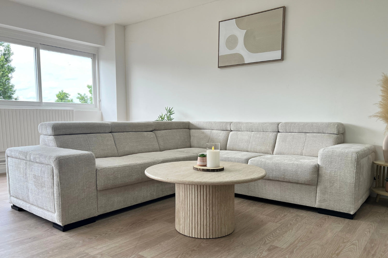 Canapé d’angle symétrique convertible KAROLA – Tissu Marbella Crème