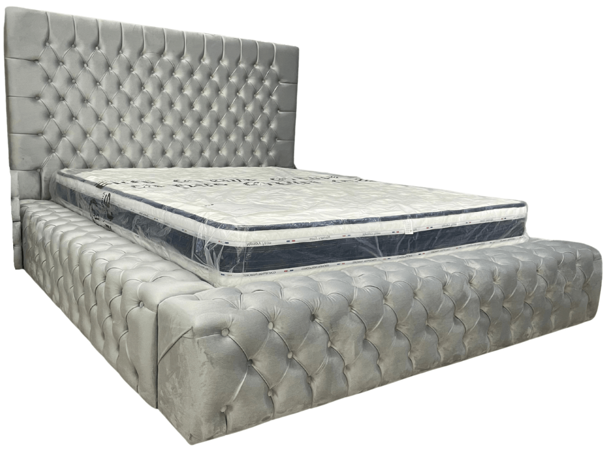 Cadre de lit ROYAL velours gris avec tête de lit capitonné