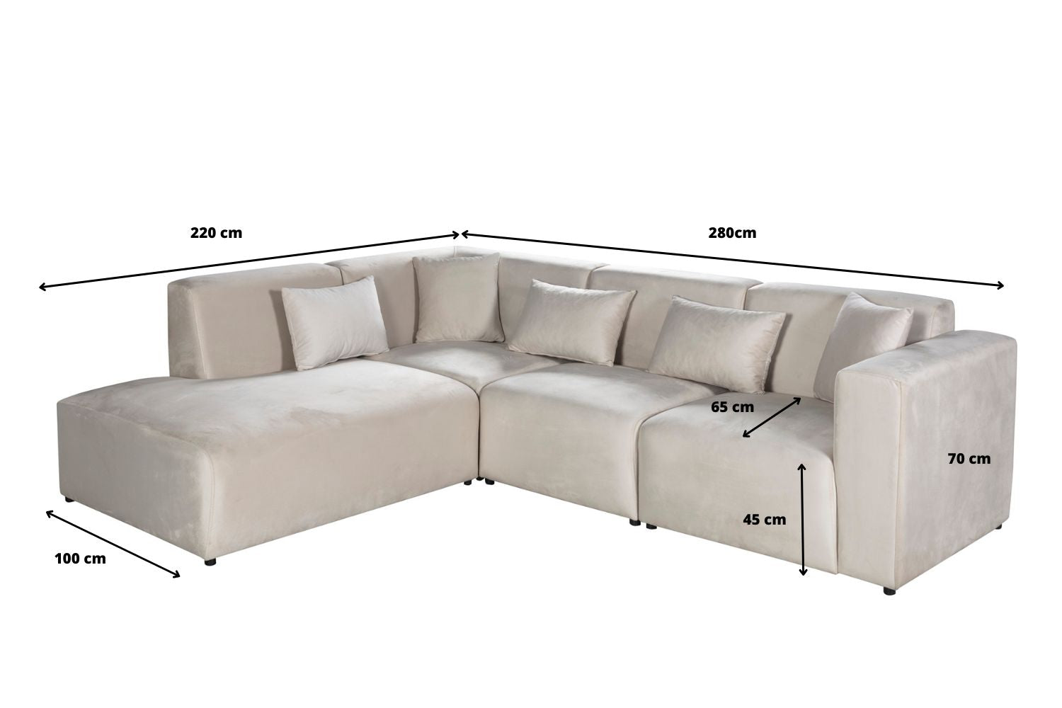 Canapé Coco en Velours Blanc Cassé - Dimensions : 280 cm (longueur) x 220 cm (largeur) x 70 cm (hauteur)