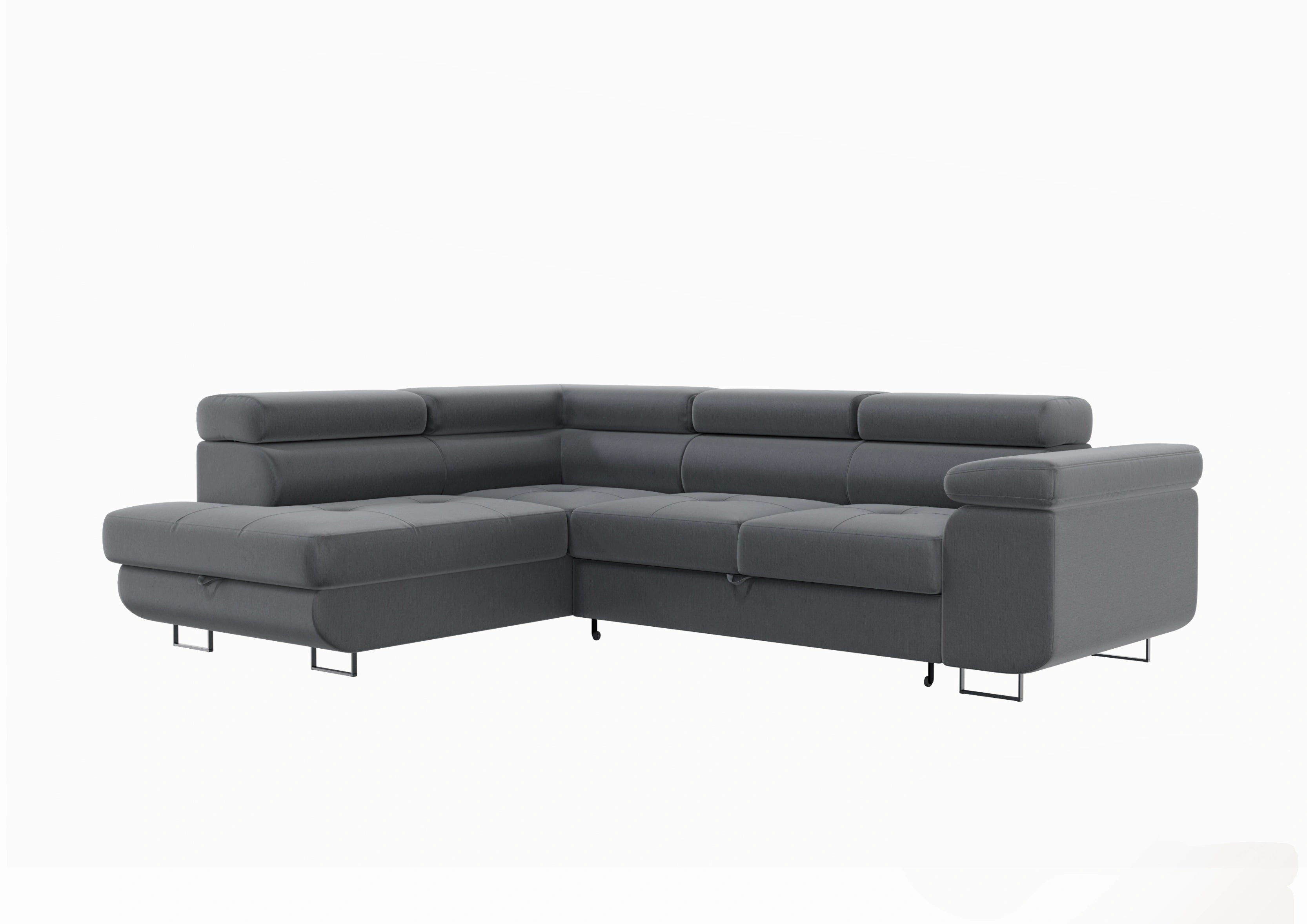 Canapé d'angle convertible TONY en gris anthracite avec appuie-têtes réglables et espace de rangement intégré pour salon moderne.