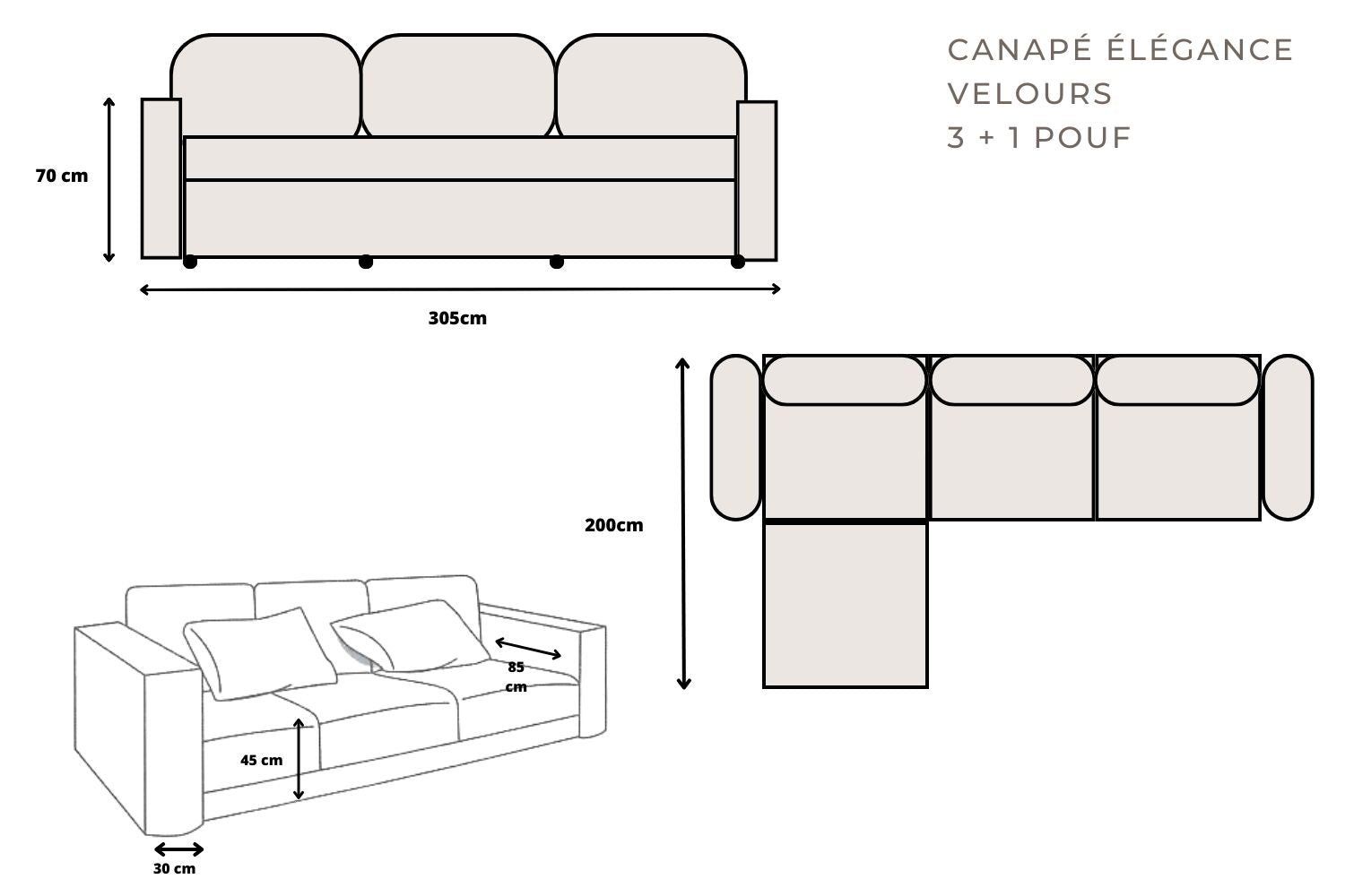 Photo des dimensions du canapé ELEGANCE en velours modulable 3+1 avec pouf