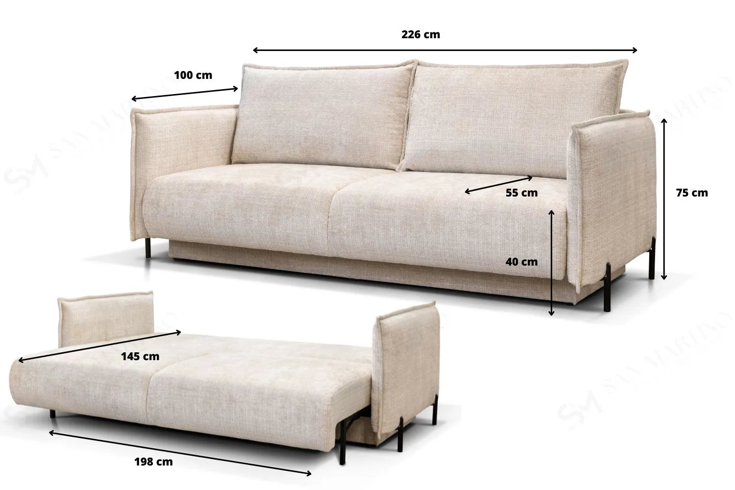 Dimensions du canapé convertible AMALFI Marbella blanc cassé : 226 cm de largeur, 100 cm de profondeur, et position lit 198 cm x 145 cm