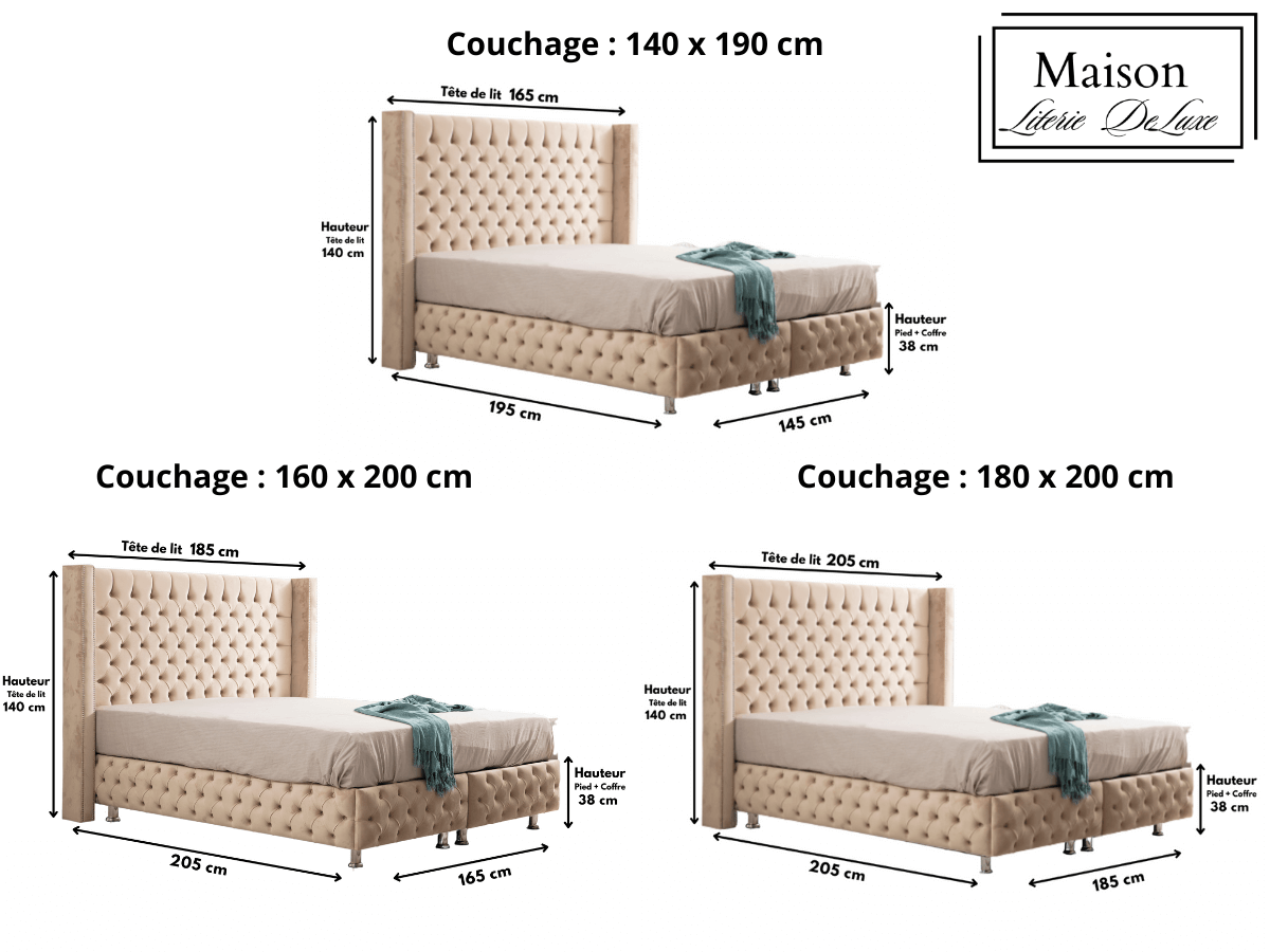 Dimensions du lit coffre CLOUTE en velours beige, présentant les mesures exactes pour une meilleure planification.