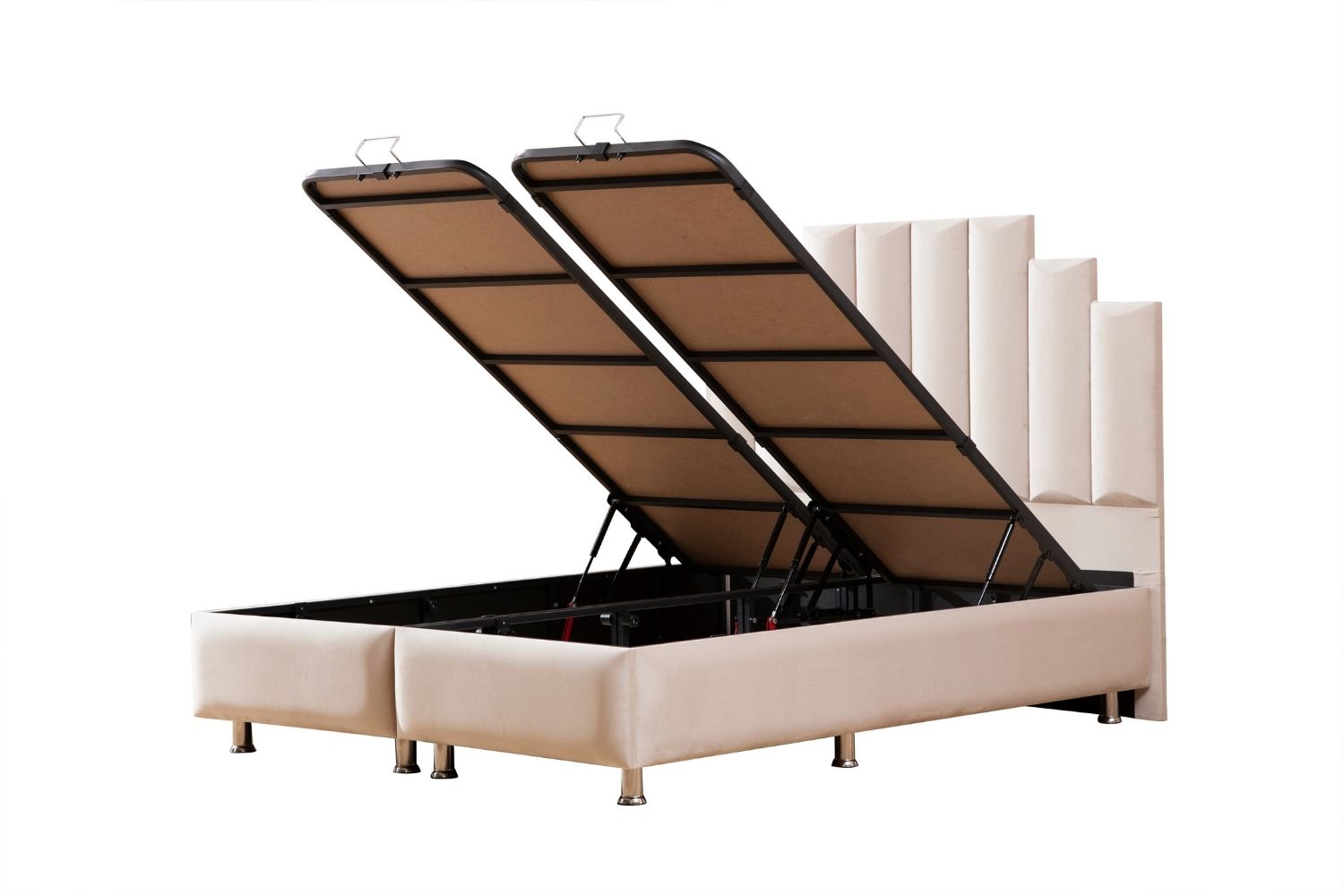 Lit coffre NATURA en velours beige avec coffre ouvert, montrant l’espace de rangement sous le matelas.