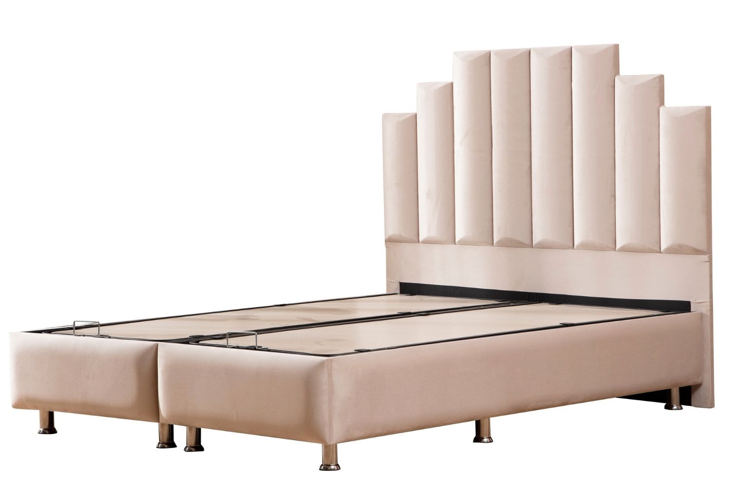 Vue latérale du lit coffre NATURA en velours beige avec coffre fermé, montrant sa silhouette sophistiquée.