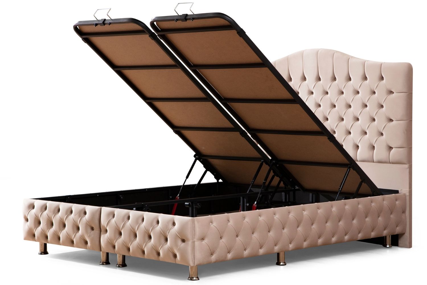 Lit coffre PARIS en velours beige avec coffre ouvert, offrant un grand espace de rangement sous le matelas.