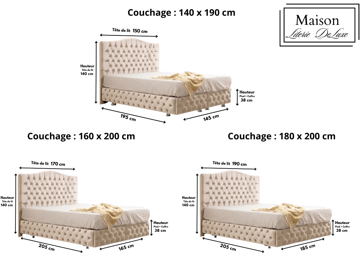 Dimensions du lit coffre PARIS en velours beige, affichant les mesures complètes du lit pour une planification optimale.