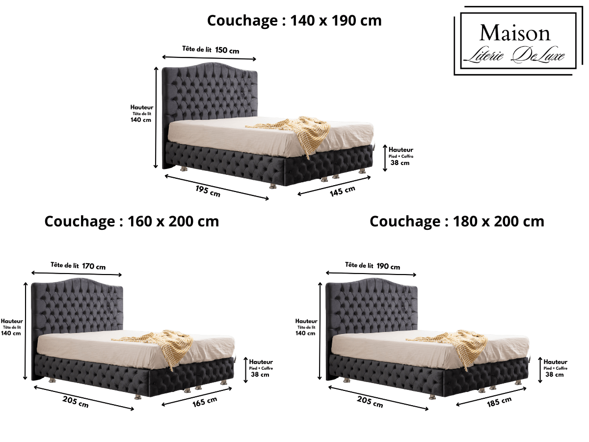 Dimensions du lit coffre PARIS en velours gris anthracite, affichant les mesures pour une planification précise.