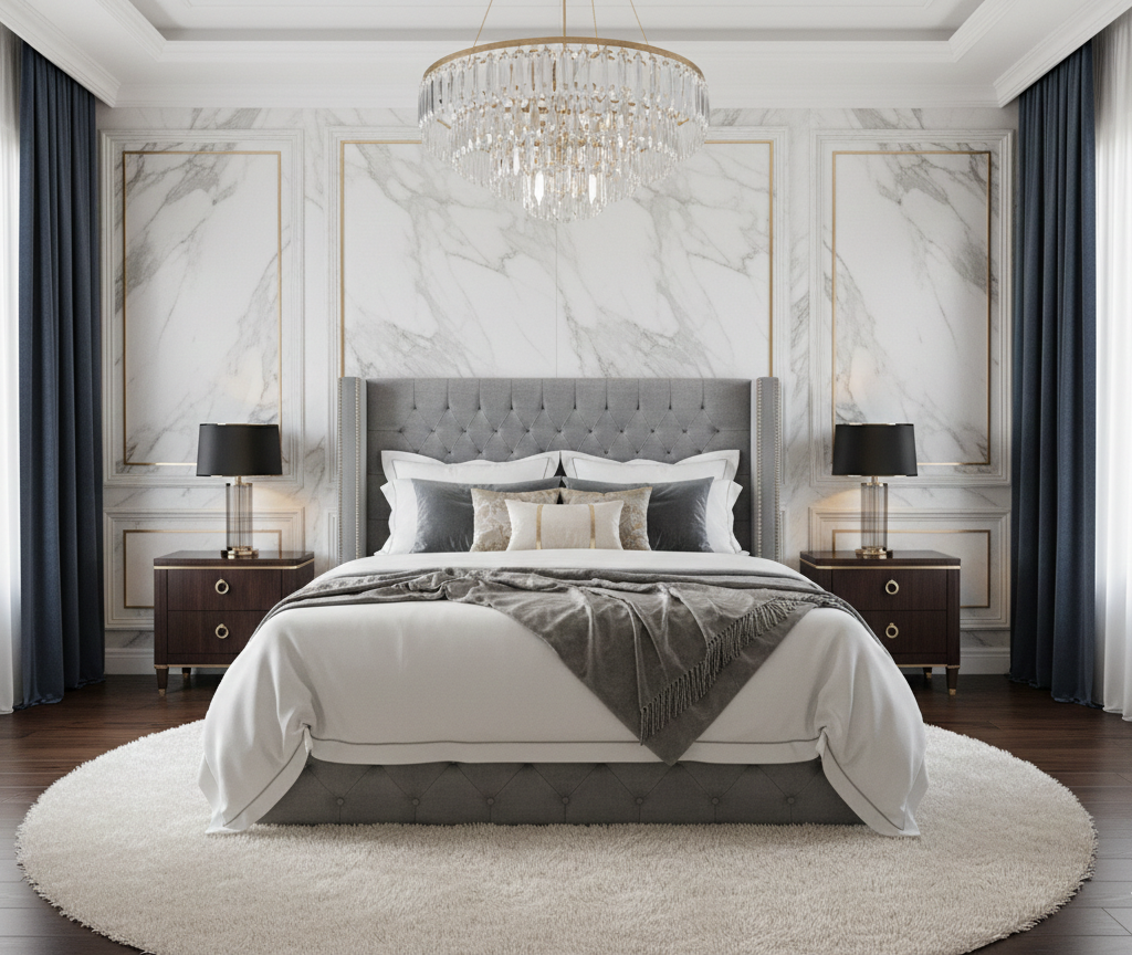 Lit coffre CLOUTE velours gris avec tête de lit capitonné